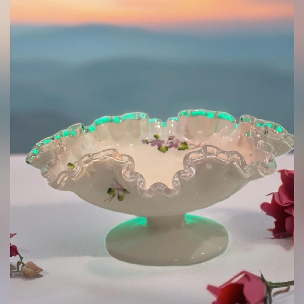 Vintage Fenton Silver Crest "Violets in the Snow" Footed Compote Bowl Dish